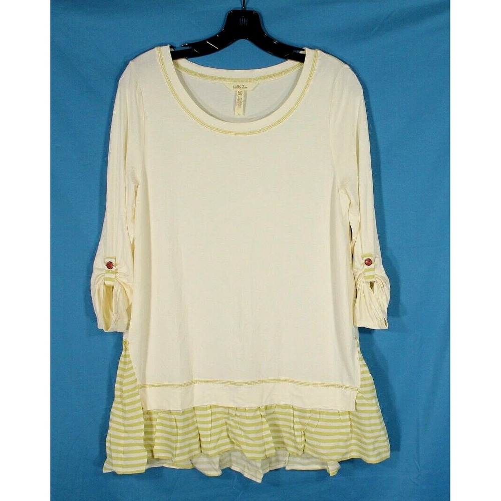 MATILDA JANE Cream/Green STRIPED RUFFLE Knit VENTRILOQUIST BLOUSE/TUNIC TOP Sz S